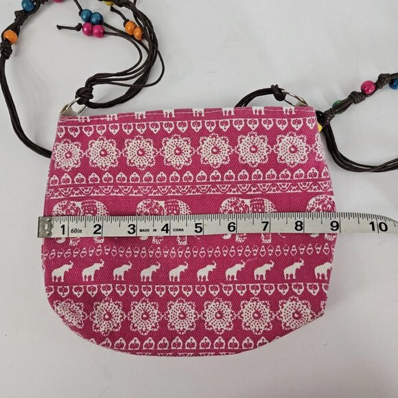 Casual BOHO Pink & White Shoulder Bag with Elephants and Colored Wooden Beads - Picture 13 of 14